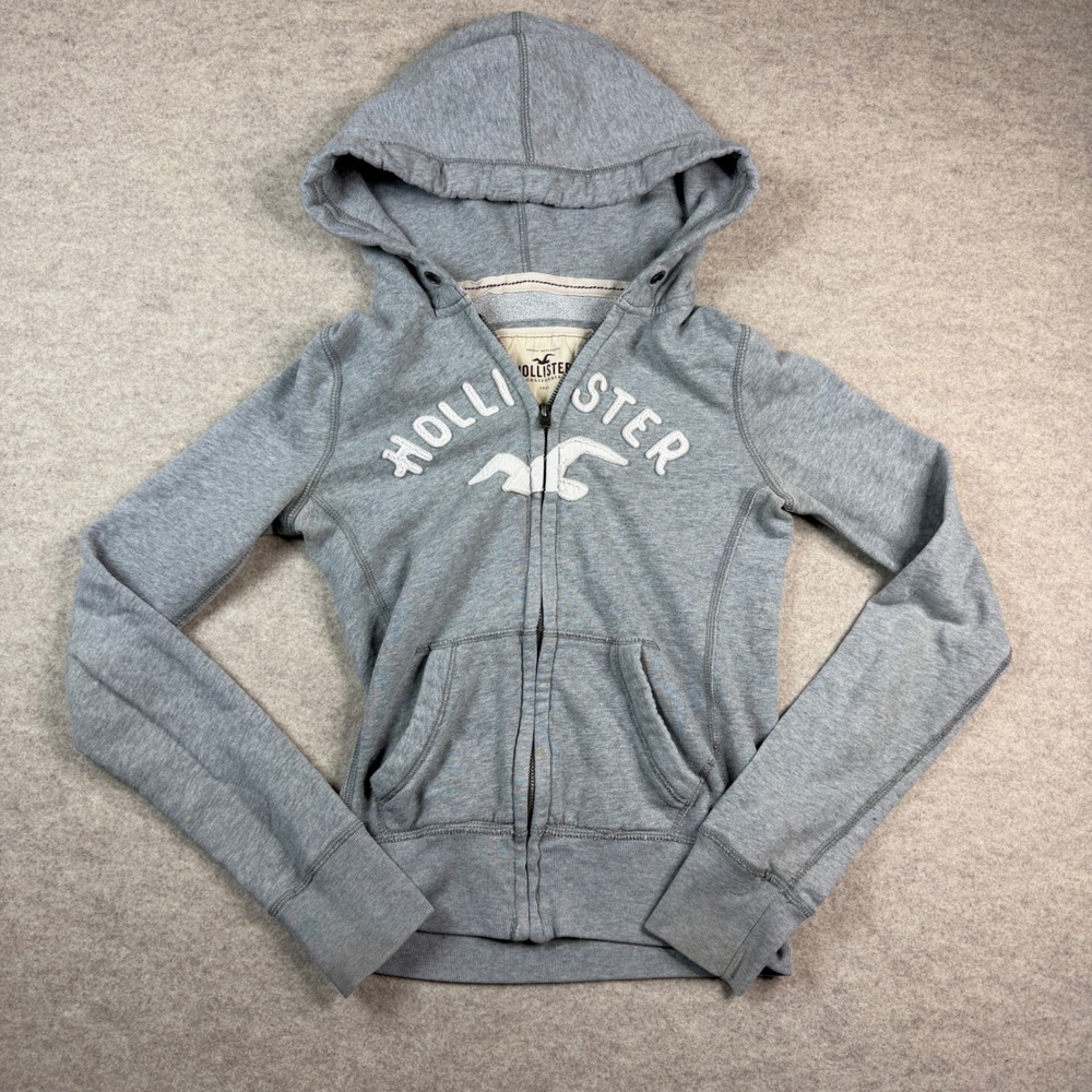 Hollister California Full Zip Hoodie Gray White Logo Fleece XS